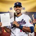 Francisco Renteria signing his baseball contract with Venezuelan flag behind him and fans celebrating