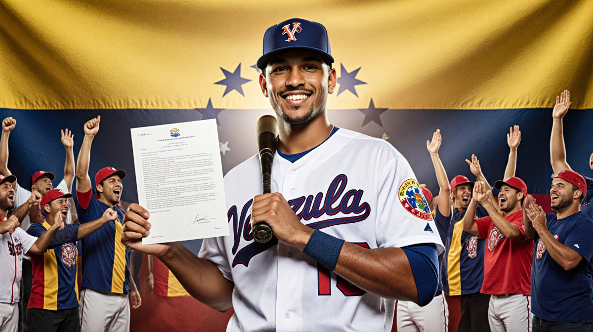 Francisco Renteria signing his baseball contract with Venezuelan flag behind him and fans celebrating