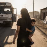 Venezuelan mother holding child close with dusty road and worn bus near broken building and tent