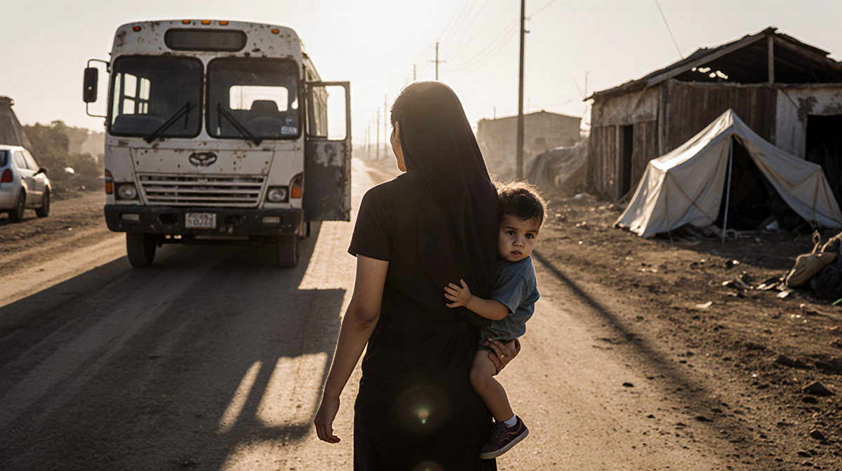 Venezuelan mother holding child close with dusty road and worn bus near broken building and tent