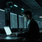 Venture capitalist studying code on laptop with surveillance cameras and neon tech glow in background