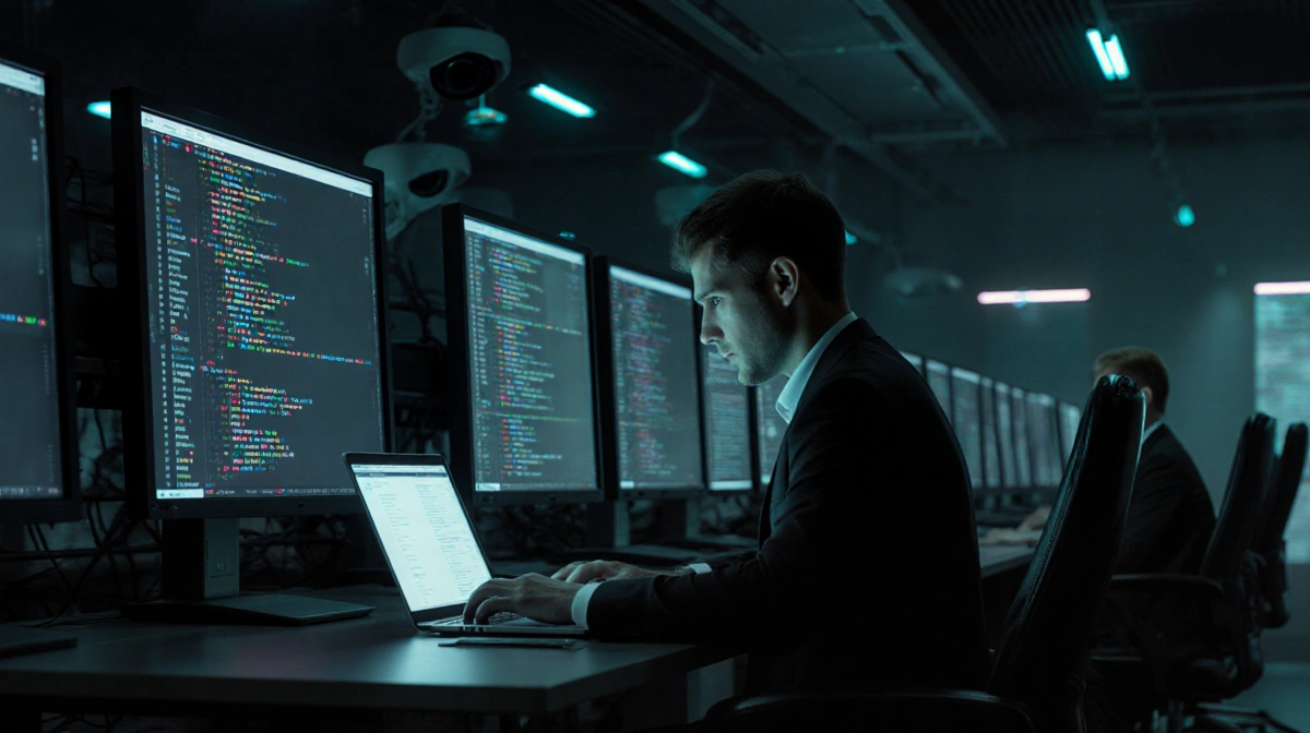 Venture capitalist studying code on laptop with surveillance cameras and neon tech glow in background