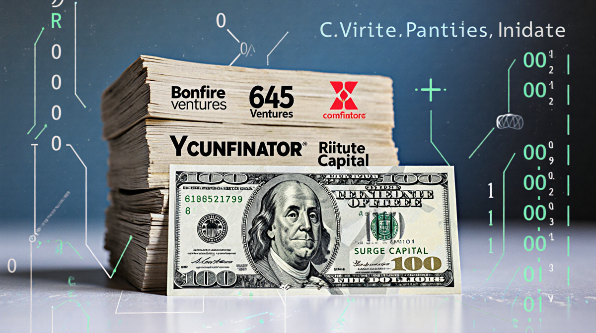 Stack of $100 bills with venture capital logos sits beside a Risotto bill against a blue wall