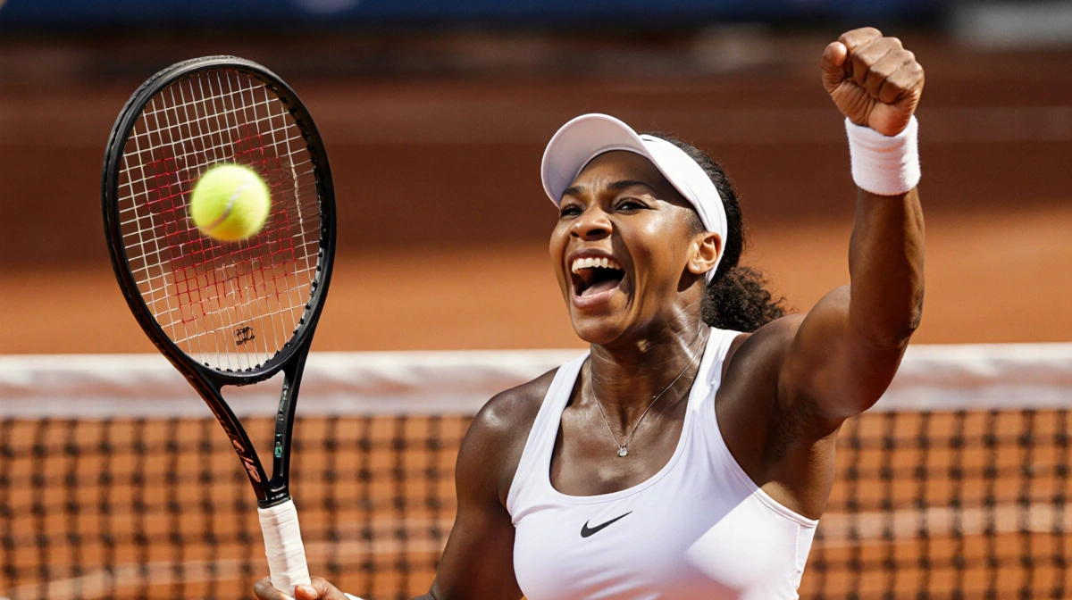 Venus Williams celebrates with raised racket and determined expression with tennis ball bouncing off net behind her