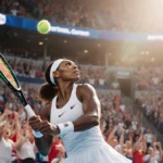 Venus Williams serving at Australian Open baseline with racket raised and crowd cheering in stadium seats
