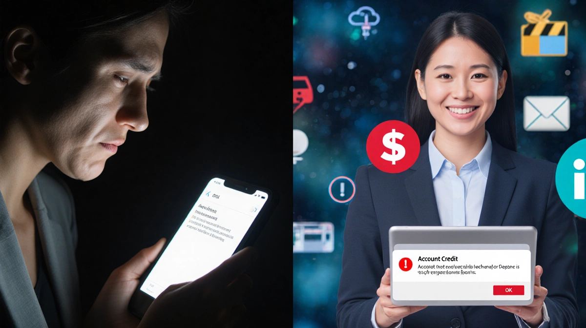 Sad customer checking phone with error message while happy Verizon representative shows account credit on tablet with outage 