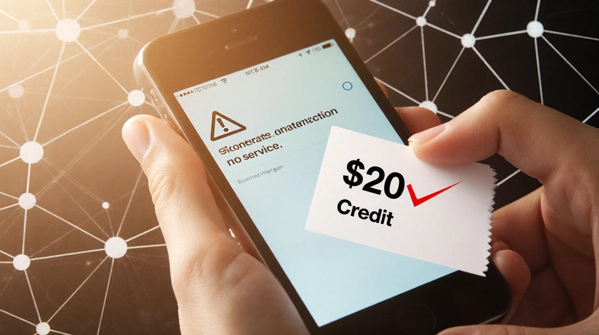 Person holding smartphone showing no service message with Verizon envelope and twenty dollar credit nearby