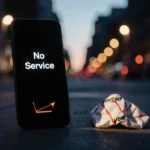 Dark phone showing no service with crumpled Verizon wallet on sidewalk and city lights behind