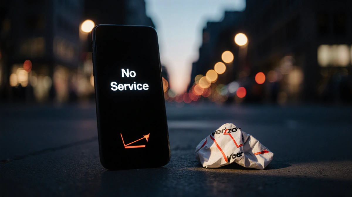 Dark phone showing no service with crumpled Verizon wallet on sidewalk and city lights behind