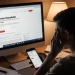 Frustrated customer stares at Verizon website error message with clock on wall showing outage time