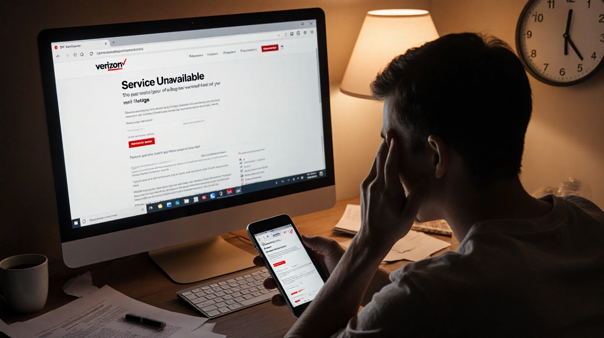 Frustrated customer stares at Verizon website error message with clock on wall showing outage time