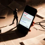 Person staring at phone with error 404 on screen and scattered papers near city window