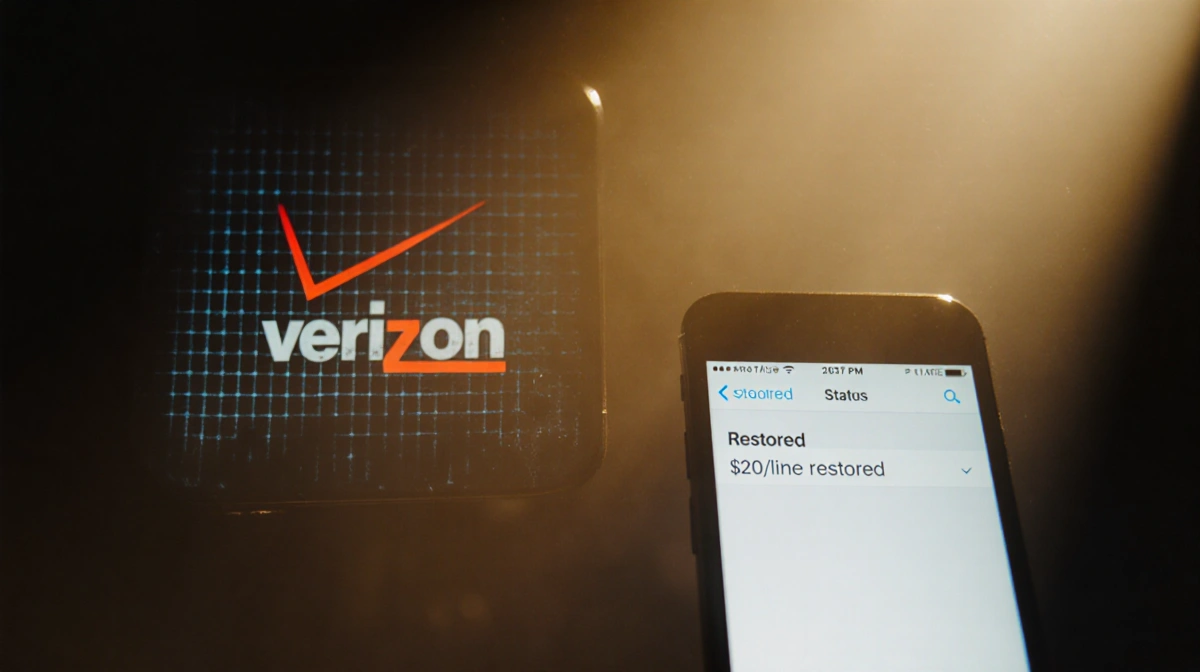 Faded Verizon logo hangs crookedly with glowing phone showing $20 account credit restoration and grid of restored screens