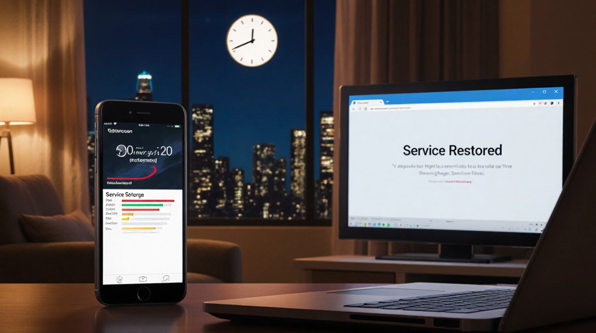 Smartphone on coffee table shows restored Verizon signal with laptop displaying active internet connection near 10:20 p.m. cl