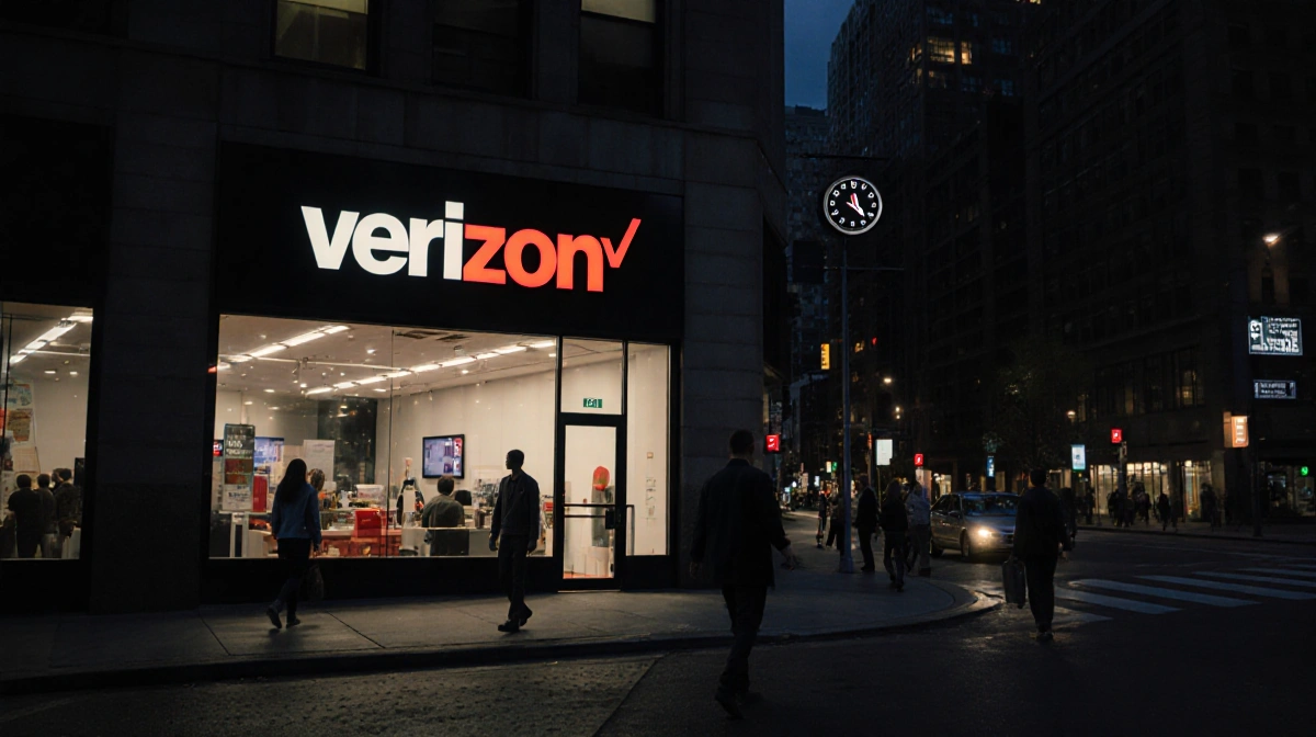 Verizon store glows softly at night with people walking away showing relief and frustration on dark city street