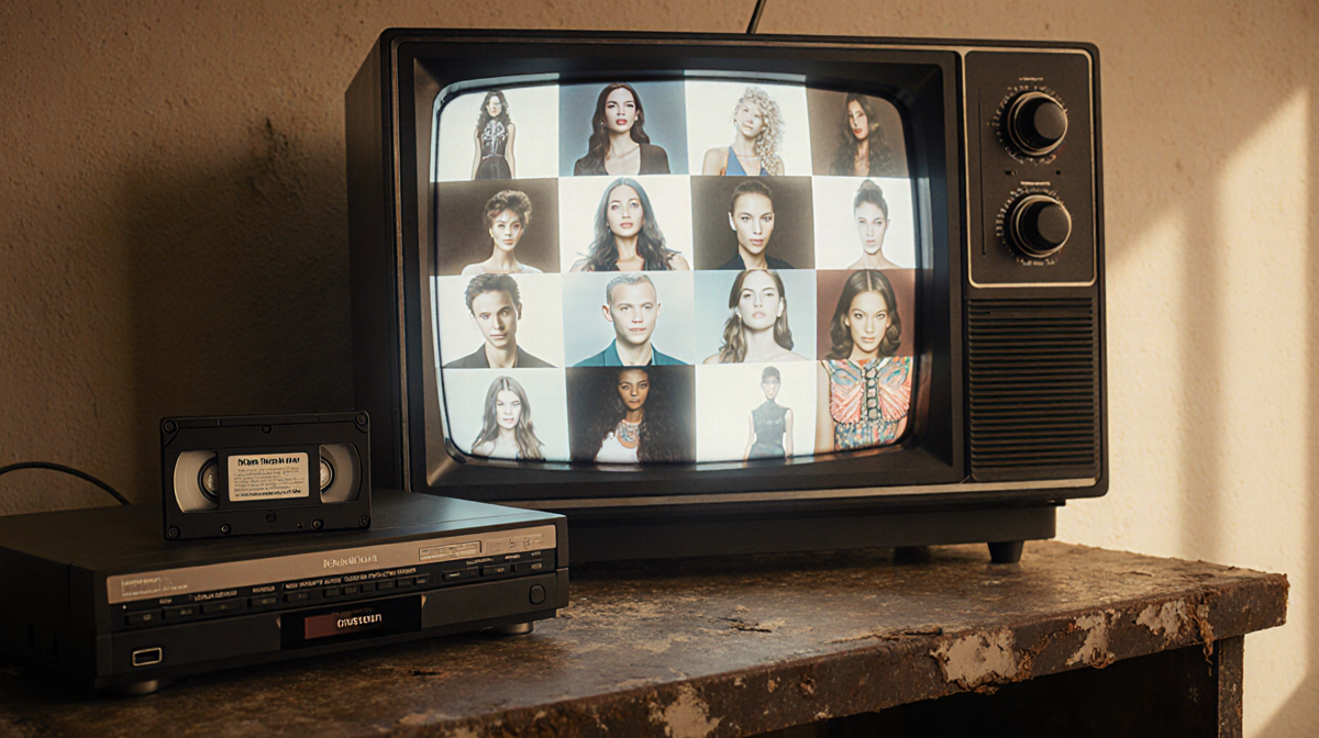 Retro VHS player showing America's Next Top Model highlights with behind-scenes clips on a worn desk and warm glow.