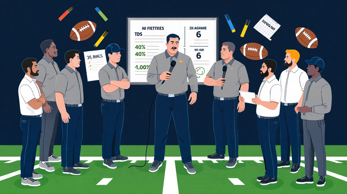 Coaching staff stands with microphones near a football whiteboard showing stats on a gridiron.