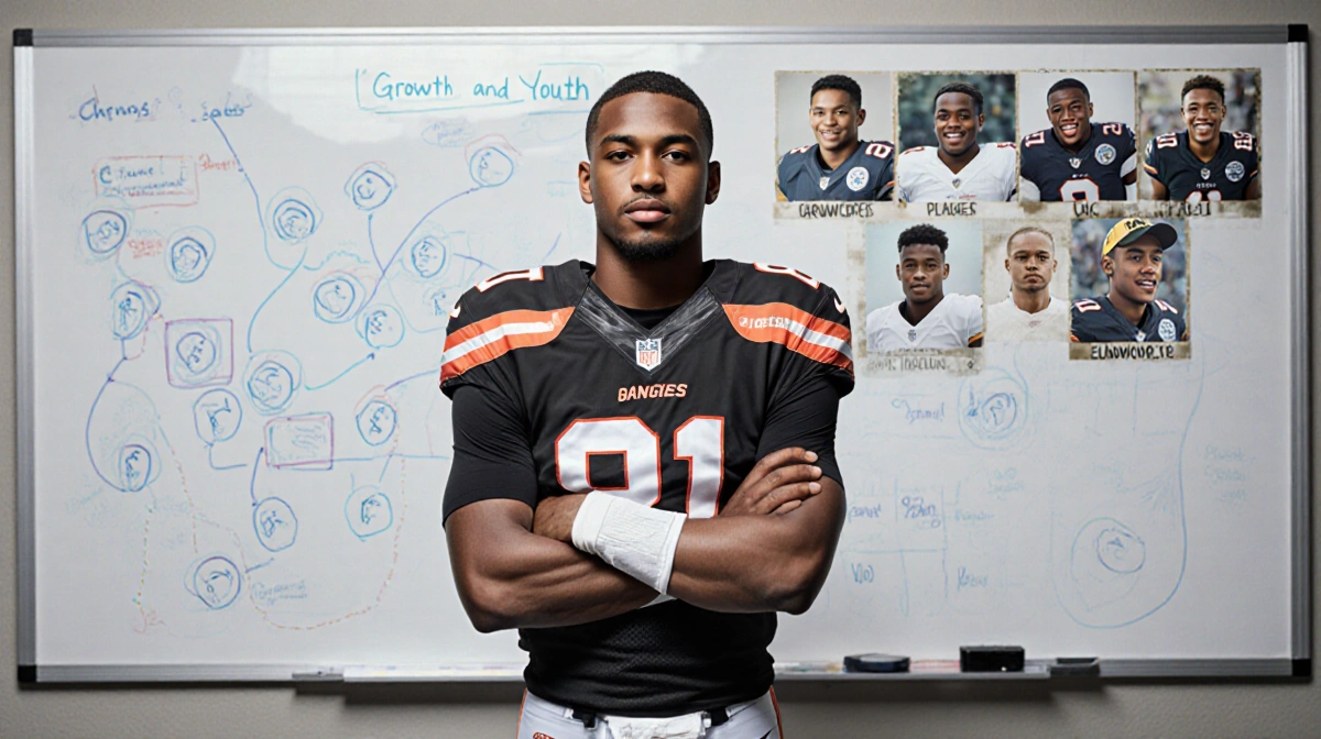 Young football player stands before a whiteboard with strategy diagrams and a collage of young players in the background.