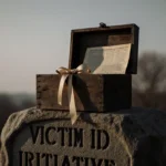 Weathered wooden box rests on stone monument with faded ribbon and yellowed newspaper visible through slightly open lid