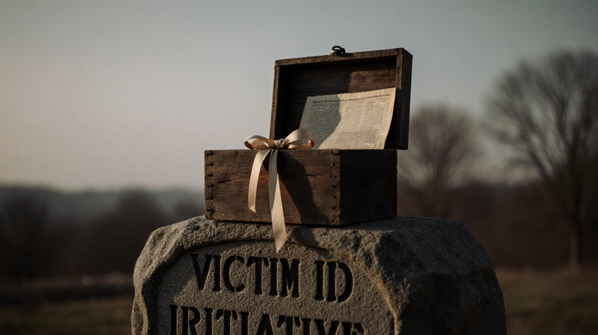 Weathered wooden box rests on stone monument with faded ribbon and yellowed newspaper visible through slightly open lid
