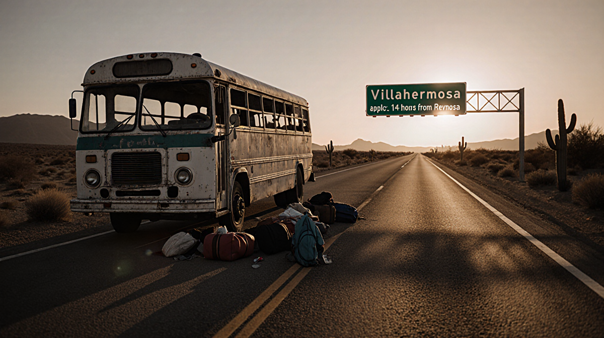 Truck standing on Mexican highway with scattered luggage and a distant sign reading Villahermosa under a setting sun
