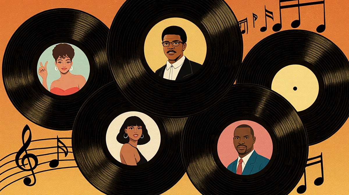 Illustrated vinyl records circle with warm light and musical notes featuring Whitney Stevie Destiny Boyz II
