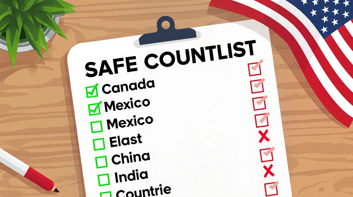 Checklist on wooden desk shows visa-free countries marked in green with red X marks on restricted nations and American flag b