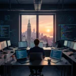 Developer coding at sleek desk with laptop showing voice agent software and city sunset visible through office window