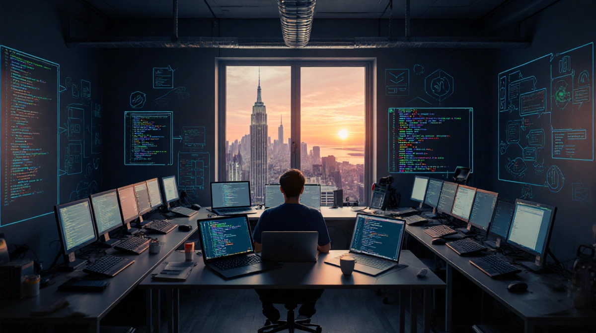 Developer coding at sleek desk with laptop showing voice agent software and city sunset visible through office window