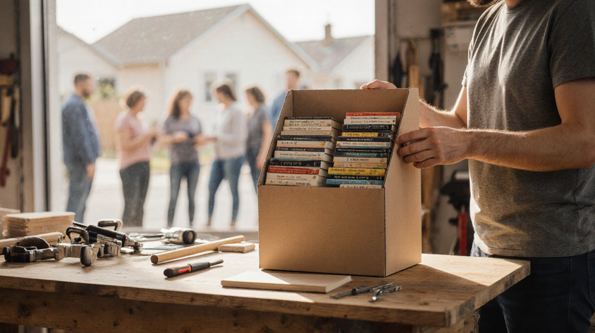 Volunteer assembling community book ark with stacked books inside and neighborhood scene through window