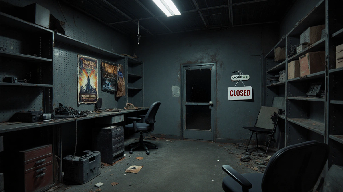 Closed sign hangs on Oculus door with abandoned VR equipment and faded game posters showing sudden shutdown
