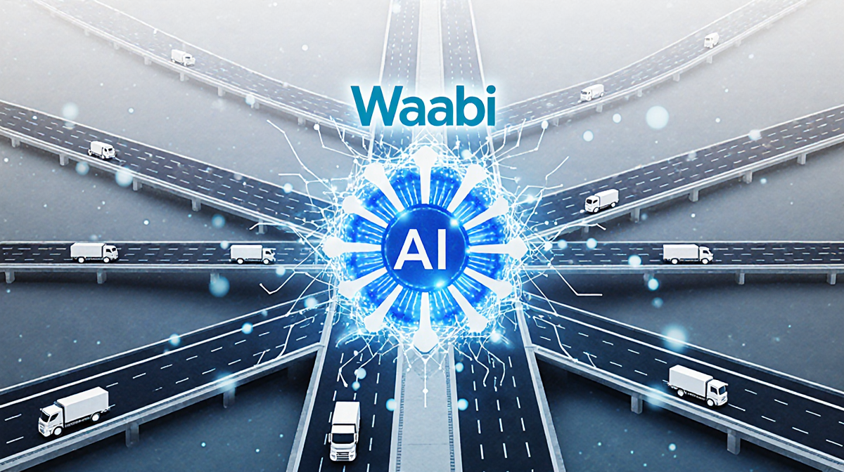 Glowing neural network hub illuminates converging transportation lanes with blue lights and robotaxi motifs.