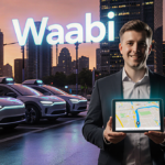 Alex Bell CEO standing holding a tablet with navigation map with a futuristic cityscape at sunset and robotaxis parked.