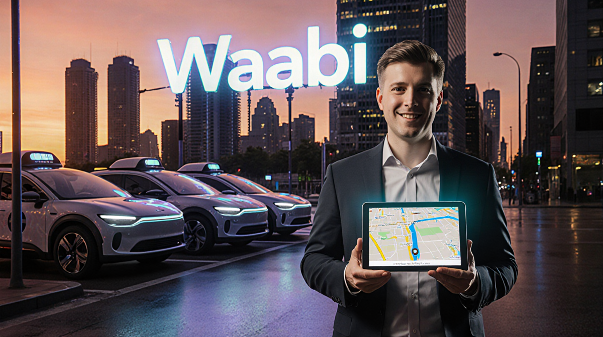 Alex Bell CEO standing holding a tablet with navigation map with a futuristic cityscape at sunset and robotaxis parked.