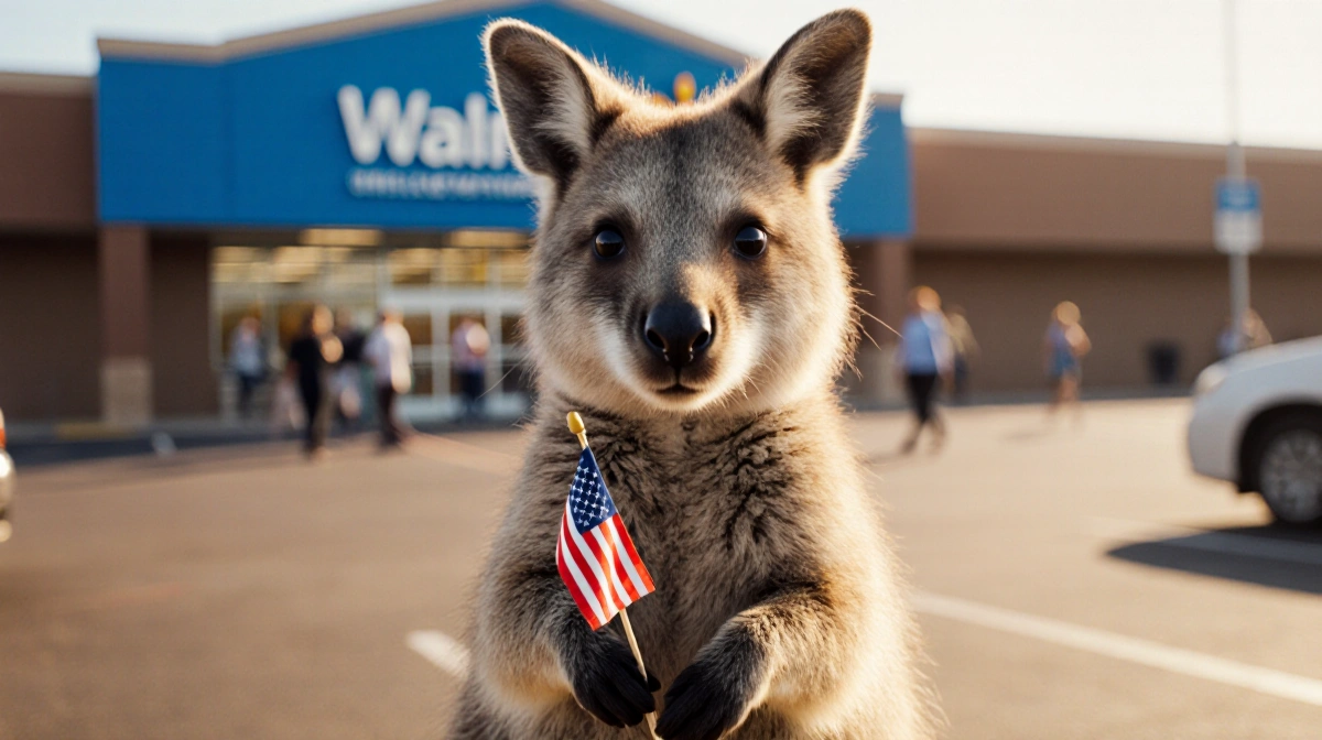 Wallaby stands triumphantly holding a miniature flag with a blurred Walmart storefront and warm golden light in background