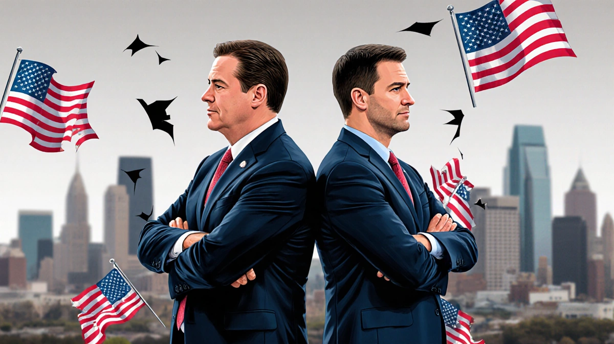 Governor Tim Walz and Mayor Jacob Frey stand back-to-back with crossed arms and torn American flags