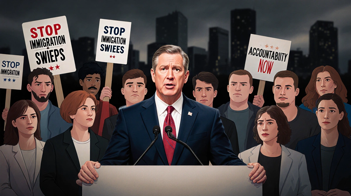 Governor Tim Walz addresses protesters holding Stop Immigration Sweeps signs with concerned faces and city backdrop
