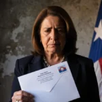 Wanda Vázquez holds Trump pardon letter with faded Puerto Rican flag behind her and relief showing on her face