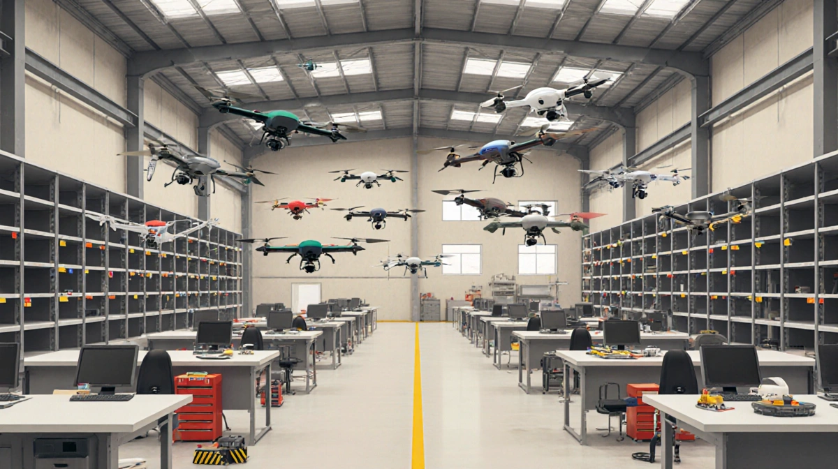 Rows of colorful drones hover above warehouse shelves with manufacturing equipment and empty workstations below