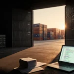 Dimly lit warehouse interior shows servers with cargo containers while golden light filters through doors with laptop display