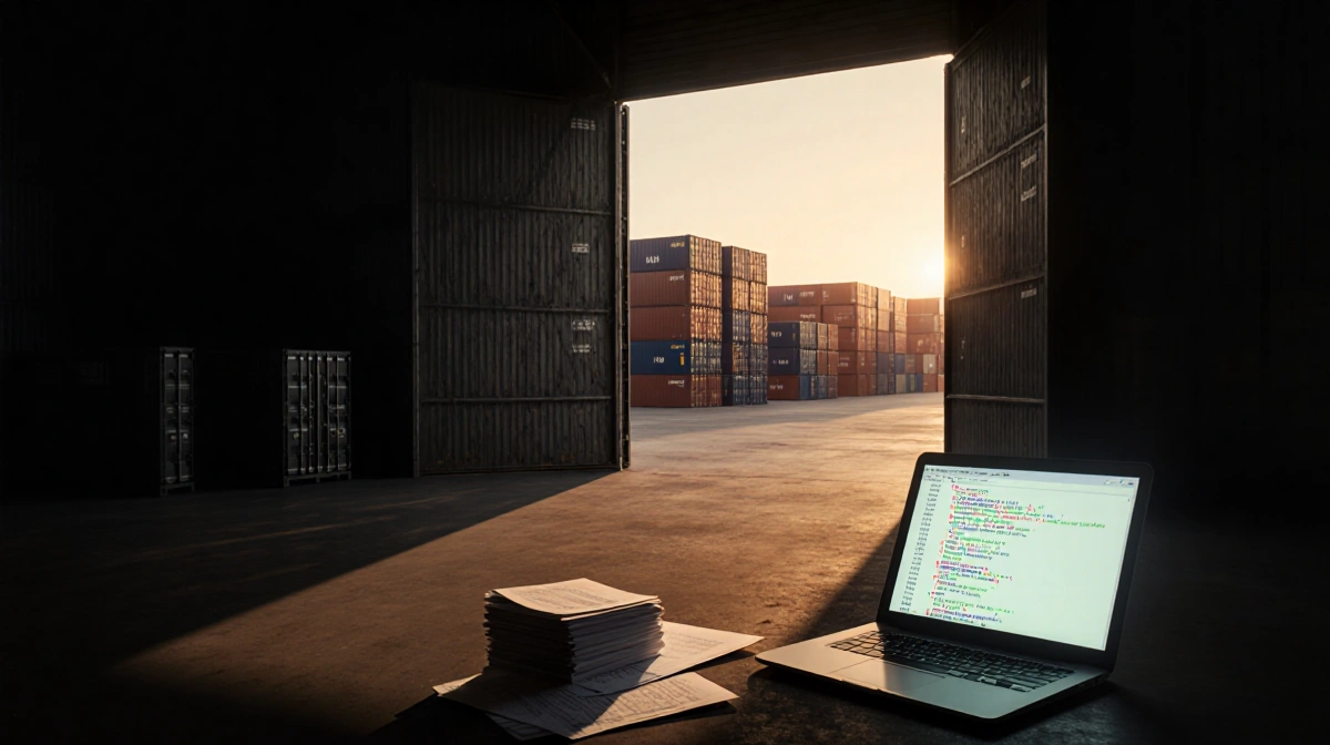 Dimly lit warehouse interior shows servers with cargo containers while golden light filters through doors with laptop display