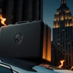 Warner Bros. Discovery briefcase sits atop the tower, symbolizing a major deal, near luxury car and cityscape at dusk.