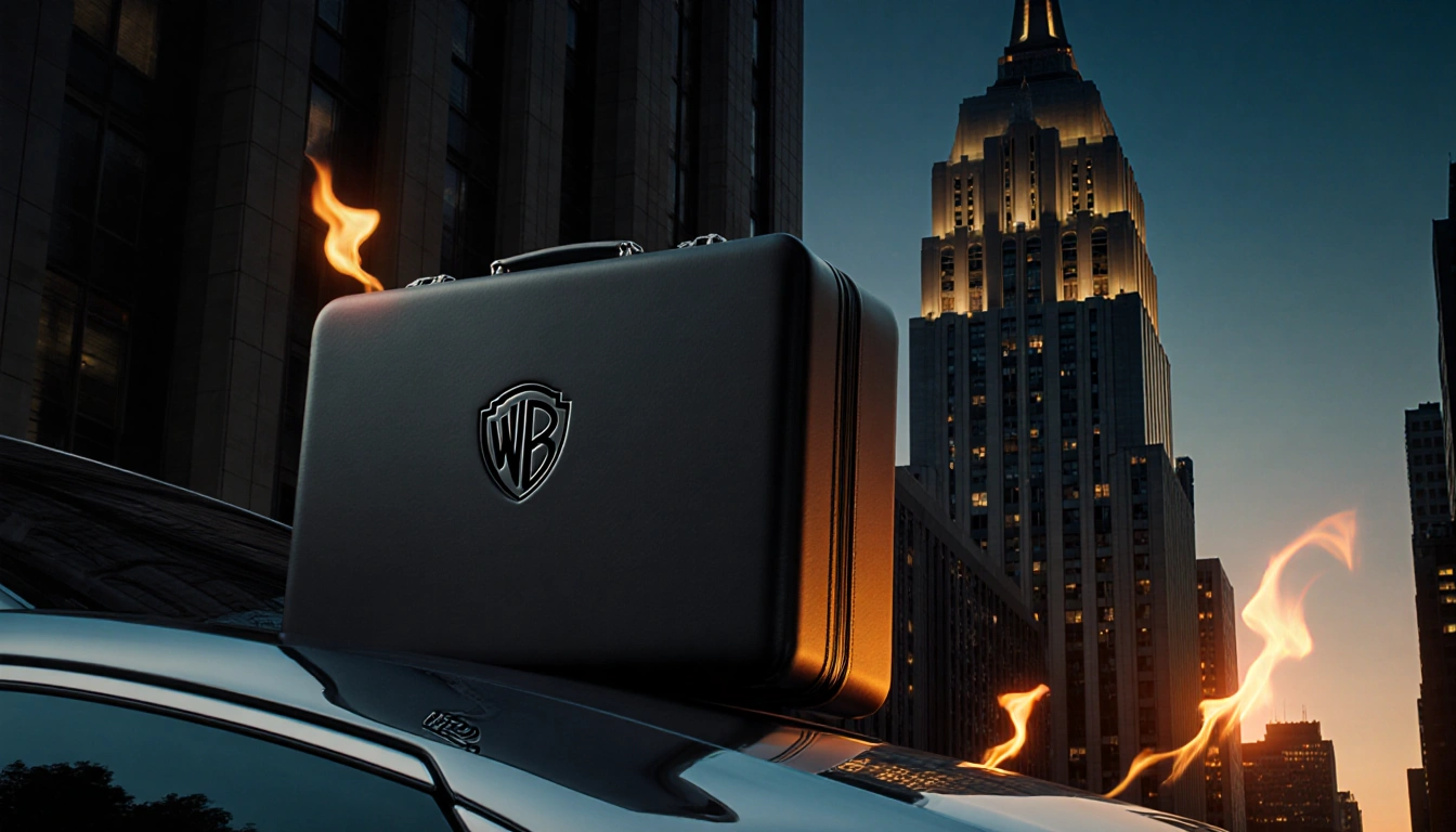 Warner Bros. Discovery briefcase sits atop the tower, symbolizing a major deal, near luxury car and cityscape at dusk.