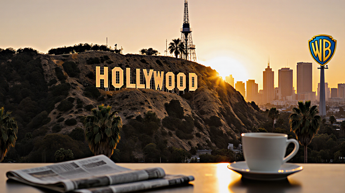 Hollywood sign shines with Warner Bros. golden letters and city skyline at dusk