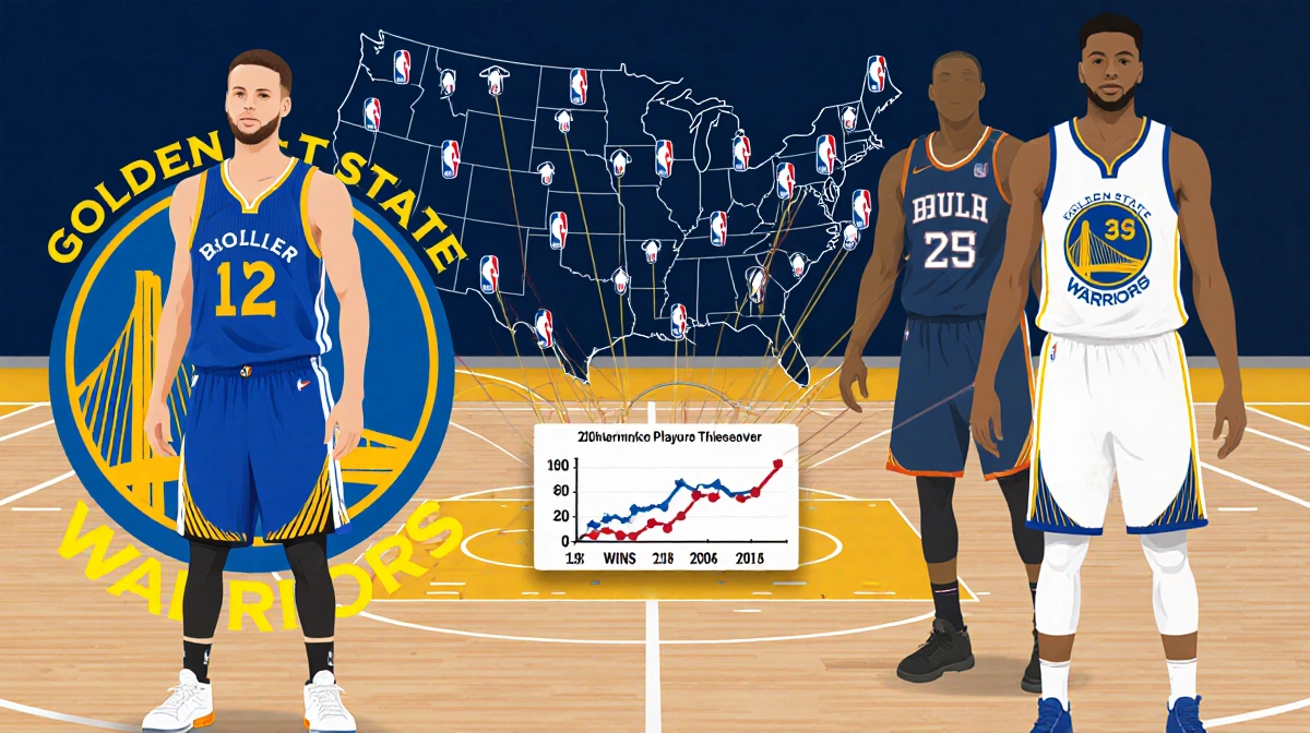 Golden State Warriors logo rises above Western Conference playoff map with stats showing 12 wins in 16 games
