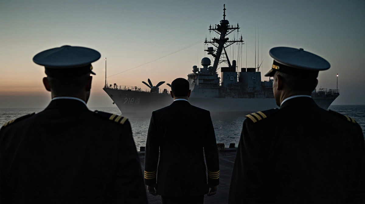 Maduro being escorted by two stern US Navy personnel on a warship deck at dawn mist
