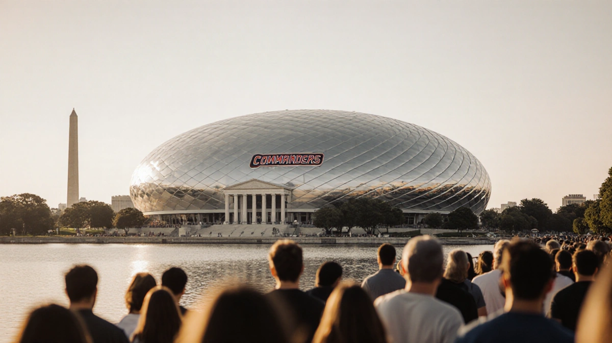 Excited Washington Commanders fans walk toward the new silver domed stadium with Lincoln Memorial and Tidal Basin reflecting