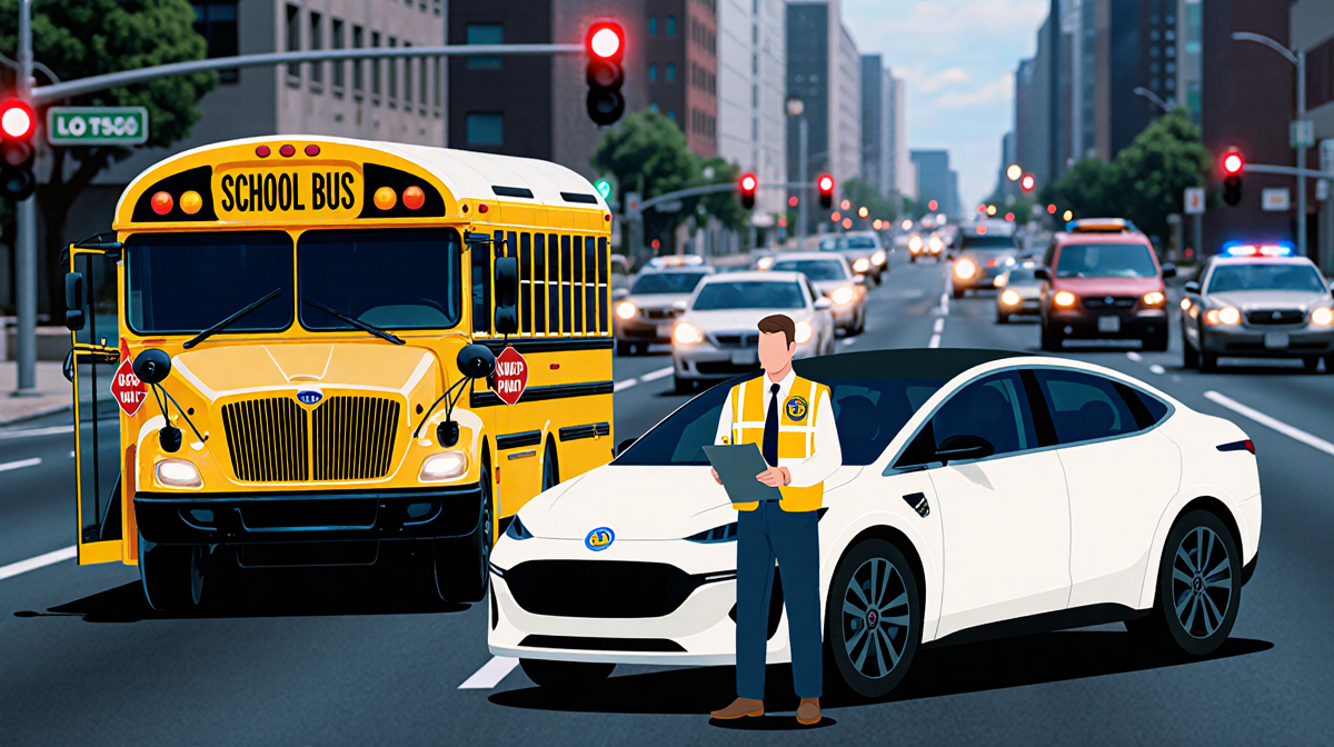 Waymo robotax stops in front of a school bus with an NTSB investigator beside it and city traffic in background