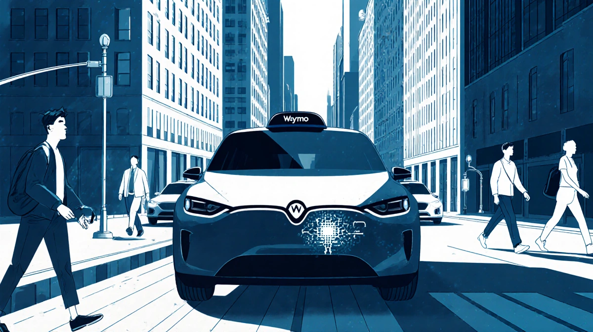 Waymo robotaxis driving through busy city streets with pedestrians nearby and safety indicators visible on vehicles