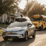 Waymo vehicle approaching an empty school bus with warm sun and reflective yellow paint.